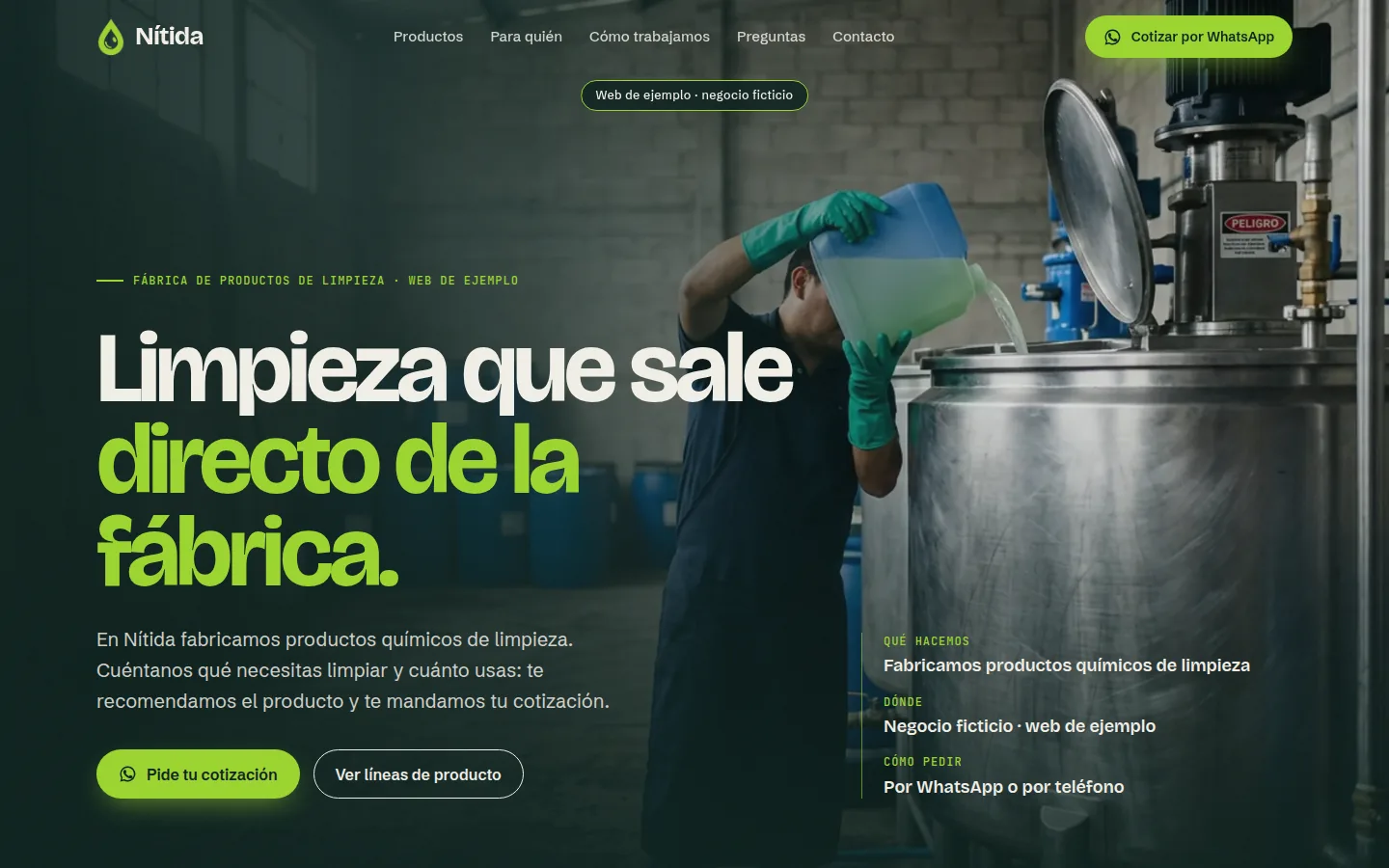 Web de ejemplo de Nítida, una fábrica de productos de limpieza ficticia, vista en escritorio